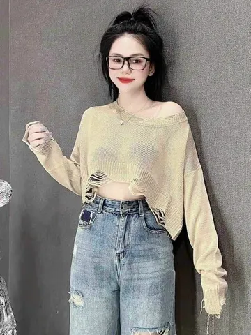Áo len lưới khoác ngoài tay dài form rộng dáng lửng lai rách