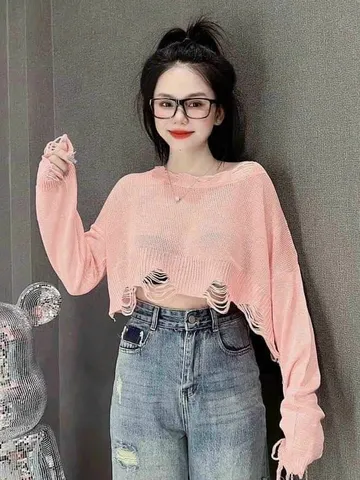 Áo len lưới khoác ngoài tay dài form rộng dáng lửng lai rách