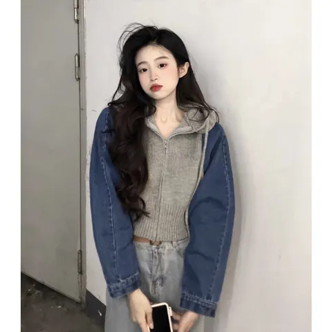 Áo khoác len cardigan nữ tay dài phối jean có nón hàng nhập QC