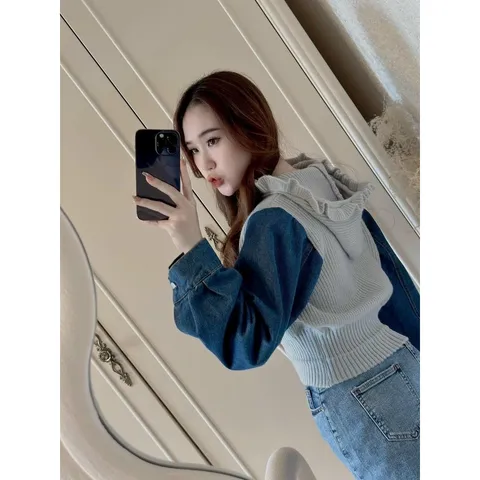Áo khoác len cardigan nữ tay dài phối jean có nón hàng nhập QC