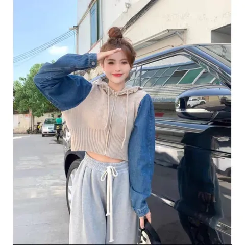 Áo khoác len cardigan nữ tay dài phối jean có nón hàng nhập QC
