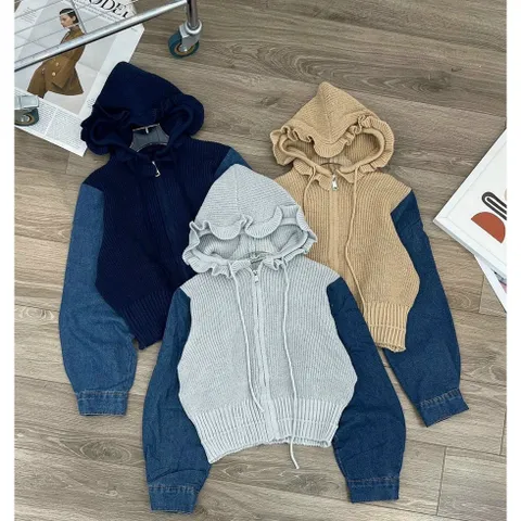 Áo khoác len cardigan nữ tay dài phối jean có nón hàng nhập QC
