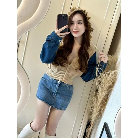 Áo khoác len cardigan nữ tay dài phối jean có nón hàng nhập QC