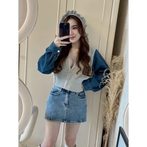 Áo khoác len cardigan nữ tay dài phối jean có nón hàng nhập QC