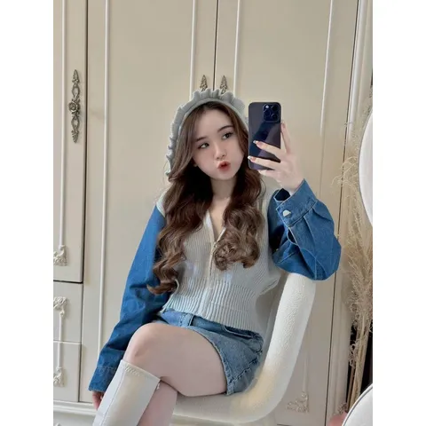 Áo khoác len cardigan nữ tay dài phối jean có nón hàng nhập QC