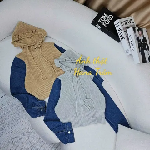 Áo khoác len cardigan nữ tay dài phối jean có nón hàng nhập QC