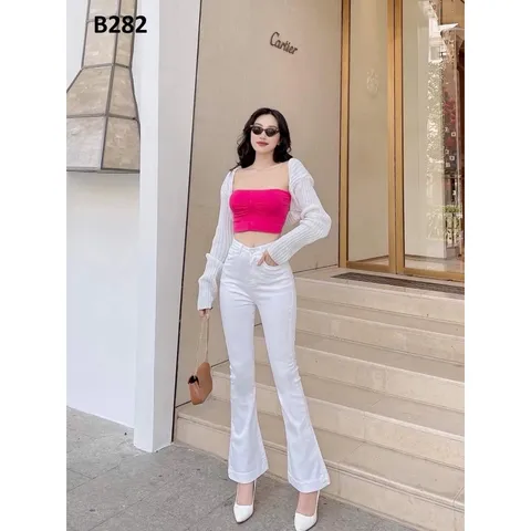 Quần jean dài nữ ống bass lưng cao mẫu trơn co giãn mạnh màu trắng
