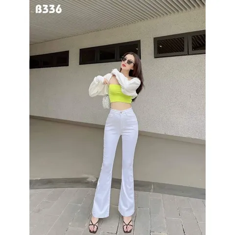 Quần jean dài nữ ống bass lưng cao mẫu trơn co giãn mạnh màu trắng
