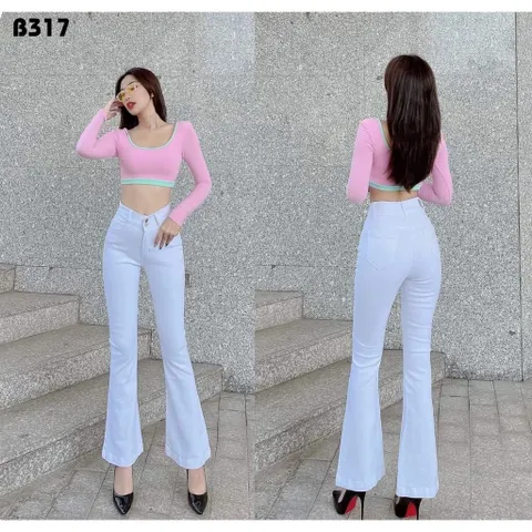 Quần jean dài nữ ống bass lưng cao mẫu trơn co giãn mạnh màu trắng