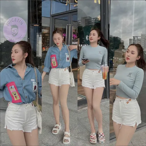 Quần Sọt Jean Nữ Mẫu Rách Tua Lai Lưng Đính Tag Chéo Hàng Jean Cotton
