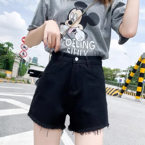 [Bigsize] Quần sọt jean nữ hàng co giãn mạnh màu đen mẫu trơn tua lai - Hana Trâm Shop