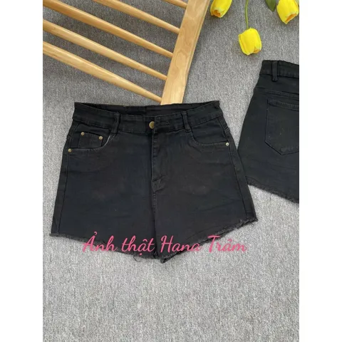 [Bigsize] Quần sọt jean nữ hàng co giãn mạnh màu đen mẫu trơn tua lai - Hana Trâm Shop