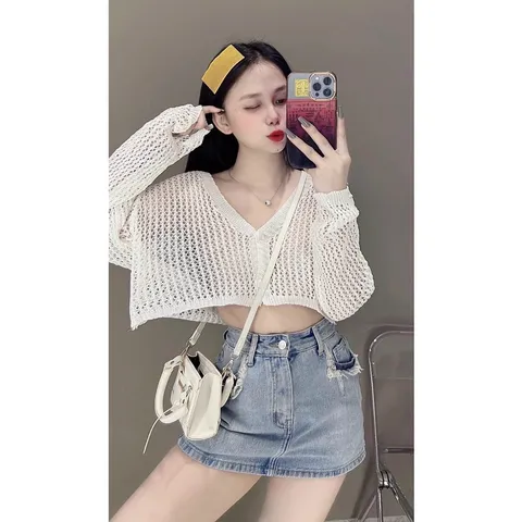 Áo khoác len lưới nữ kiểu croptop tay dài