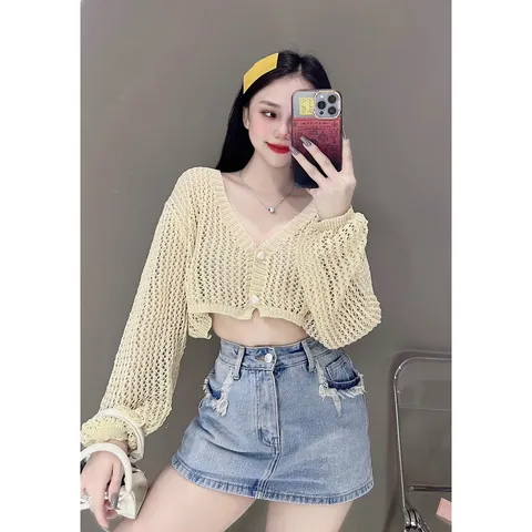 Áo khoác len lưới nữ kiểu croptop tay dài