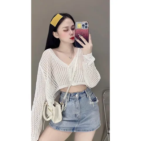 Áo khoác len lưới nữ kiểu croptop tay dài