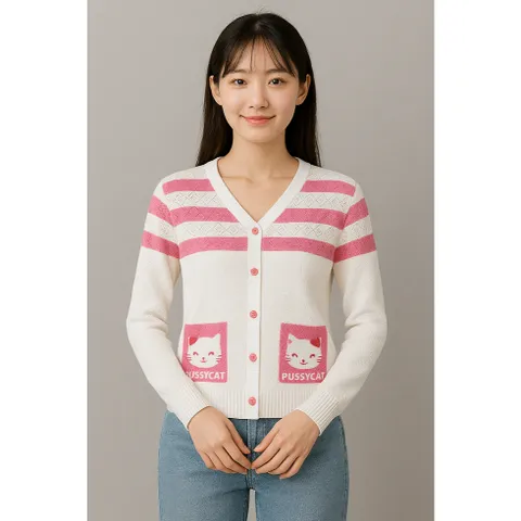 Áo khoác len cardigan nữ có túi phối sọc hồng