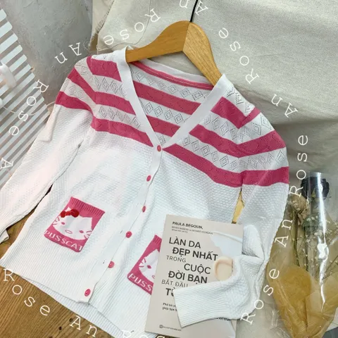 Áo khoác len cardigan nữ có túi phối sọc hồng
