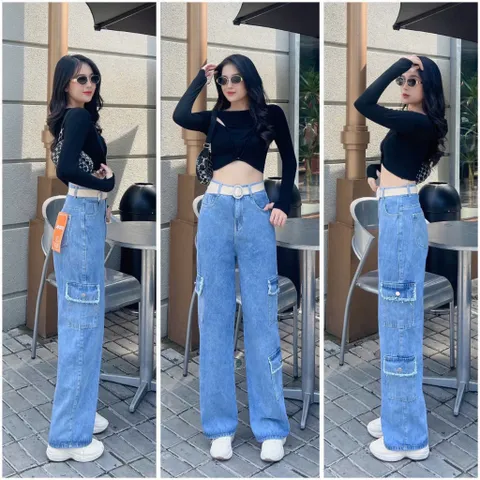 Quần baggy jean nữ dáng dài túi hộp ống suông kèm thắt lưng
