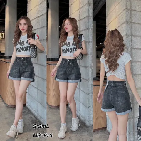 Quần sọt jean nữ siêu cao co giãn lưng kiểu dúm lai lật