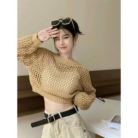Áo khoác len lưới nữ dáng ngắn tay dài