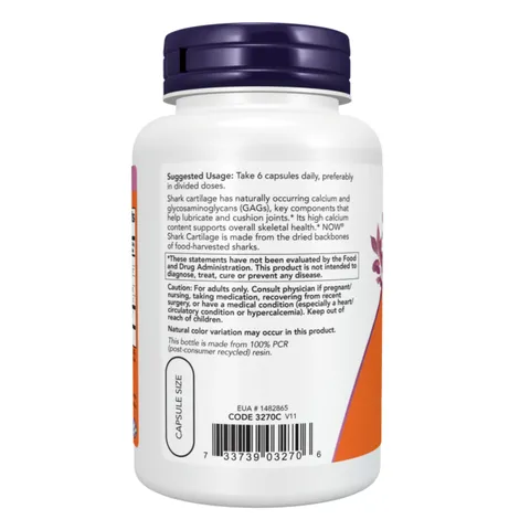 Viên uống Now Shark Cartilage 750 mg |100 viên| Cung cấp dưỡng chất cấu tạo sụn/Kích thích tăng sinh dịch khớp/Chống viêm & Bảo vệ thị lực [SP Chuẩn Mỹ]