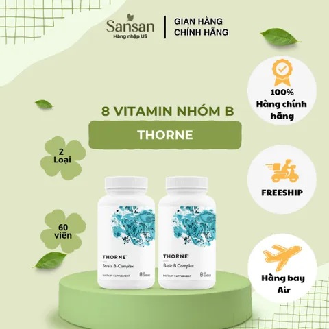 Thorne Basic B Complex / Stress B Complex 60 Viên - Vitamin B Complex B1 B2 B3 B5 B6 B12, Folate 5-MTHF, Choline