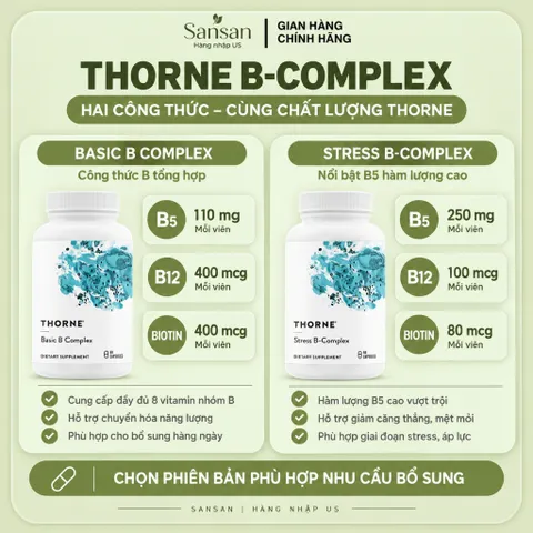 Thorne Basic B Complex / Stress B Complex 60 Viên - Vitamin B Complex B1 B2 B3 B5 B6 B12, Folate 5-MTHF, Choline