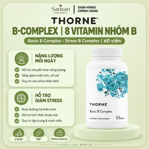 Thorne Basic B Complex / Stress B Complex 60 Viên - Vitamin B Complex B1 B2 B3 B5 B6 B12, Folate 5-MTHF, Choline