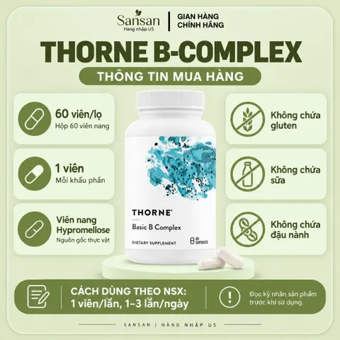 Thorne Basic B Complex / Stress B Complex 60 Viên - Vitamin B Complex B1 B2 B3 B5 B6 B12, Folate 5-MTHF, Choline