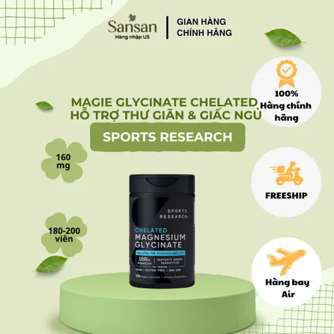Viên Uống Bổ Sung Magie Sports Research Chelated Magnesium Glycinate 160mg 180 200 Viên – Magnesium Glycinate Vegan