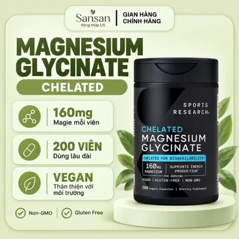 Viên Uống Bổ Sung Magie Sports Research Chelated Magnesium Glycinate 160mg 180 200 Viên – Magnesium Glycinate Vegan