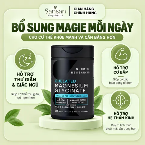 Viên Uống Bổ Sung Magie Sports Research Chelated Magnesium Glycinate 160mg 180 200 Viên – Magnesium Glycinate Vegan