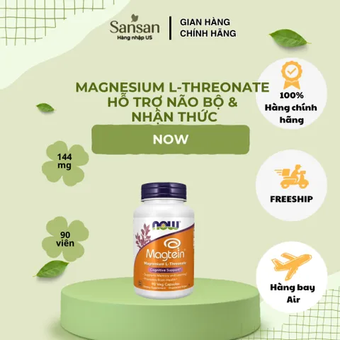 NOW Foods Magtein Magnesium L-Threonate 2000mg – 144mg Magie, Hỗ Trợ Não Bộ & Nhận Thức, 90 Viên Nang Thực Vật
