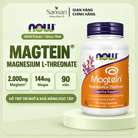 NOW Foods Magtein Magnesium L-Threonate 2000mg – 144mg Magie, Hỗ Trợ Não Bộ & Nhận Thức, 90 Viên Nang Thực Vật