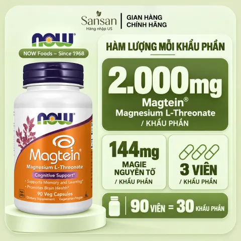 NOW Foods Magtein Magnesium L-Threonate 2000mg – 144mg Magie, Hỗ Trợ Não Bộ & Nhận Thức, 90 Viên Nang Thực Vật