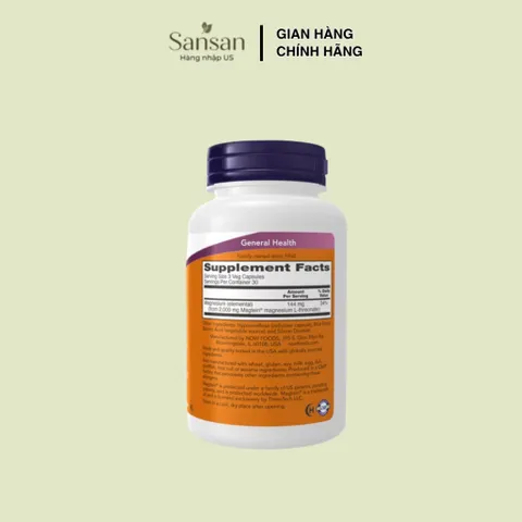 NOW Foods Magtein Magnesium L-Threonate 2000mg – 144mg Magie, Hỗ Trợ Não Bộ & Nhận Thức, 90 Viên Nang Thực Vật