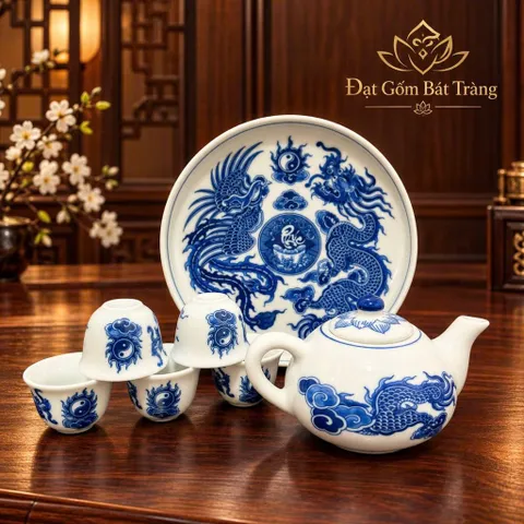 Bộ Ấm Chén Thờ Cúng Vẽ Rồng - Sen Lam Xanh Chuẩn Đẹp Cao Cấp - Gốm Bát Tràng