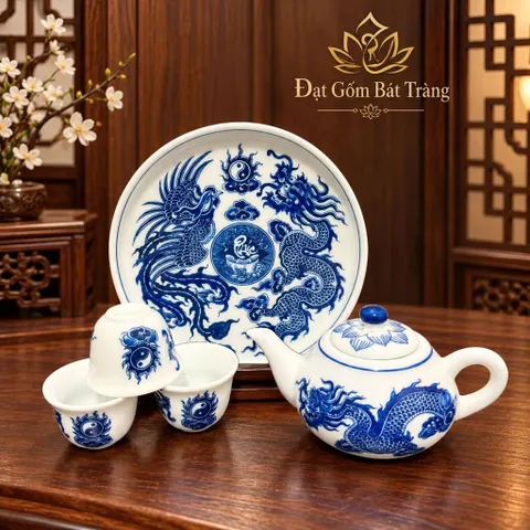 Bộ Ấm Chén Thờ Cúng Vẽ Rồng - Sen Lam Xanh Chuẩn Đẹp Cao Cấp - Gốm Bát Tràng