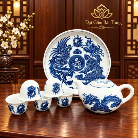 Bộ Ấm Chén Thờ Cúng Vẽ Rồng - Sen Lam Xanh Chuẩn Đẹp Cao Cấp - Gốm Bát Tràng