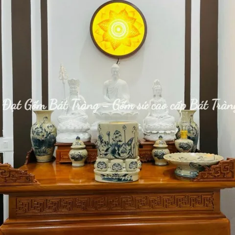 Bộ thờ cúng men rạn vẽ hoa sen - Đồ thờ cúng, chóe, kỷ , lọ hoa , bát hương , mâm bồng gốm bát tràng