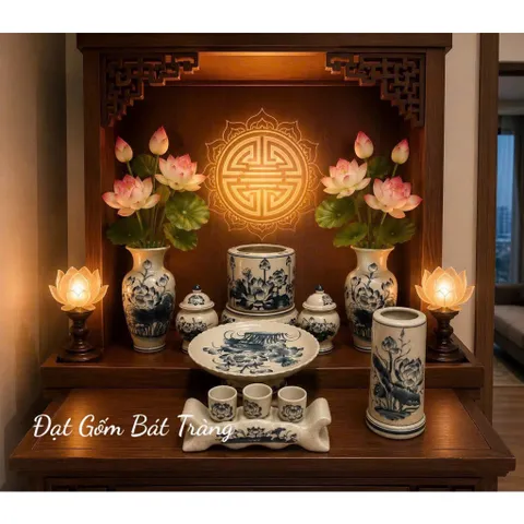 Bộ thờ cúng men rạn vẽ hoa sen - Đồ thờ cúng, chóe, kỷ , lọ hoa , bát hương , mâm bồng gốm bát tràng