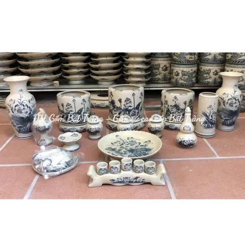 Bộ thờ cúng men rạn vẽ hoa sen - Đồ thờ cúng, chóe, kỷ , lọ hoa , bát hương , mâm bồng gốm bát tràng