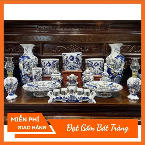 Đồ Thờ Cúng - Bộ Thờ Men Trắng Vẽ Vàng Hoa Sen Lam Gốm Sứ Bát Tràng