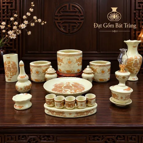 Đồ thờ cúng - bộ thờ cúng men kem gốm sứ Bát Tràng