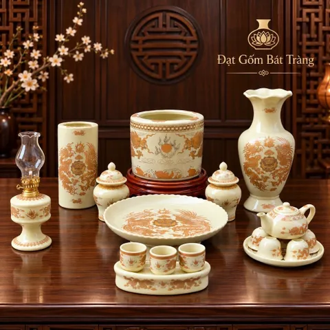 Đồ thờ cúng - bộ thờ cúng men kem gốm sứ Bát Tràng