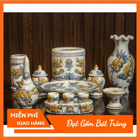 Đồ Thờ Cúng Cao Cấp Bát Tràng - Bộ Thờ Cúng Men Rạn Đắp Nổi - Bát Hương lư hương - bộ thờ gia tiên