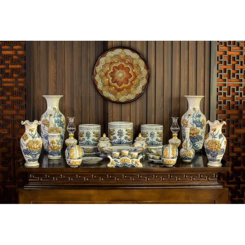 Đồ Thờ Cúng Cao Cấp Bát Tràng - Bộ Thờ Cúng Men Rạn Đắp Nổi - Bát Hương lư hương - bộ thờ gia tiên