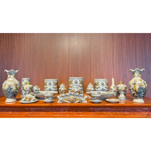Đồ Thờ Cúng Cao Cấp Bát Tràng - Bộ Thờ Cúng Men Rạn Đắp Nổi - Bát Hương lư hương - bộ thờ gia tiên