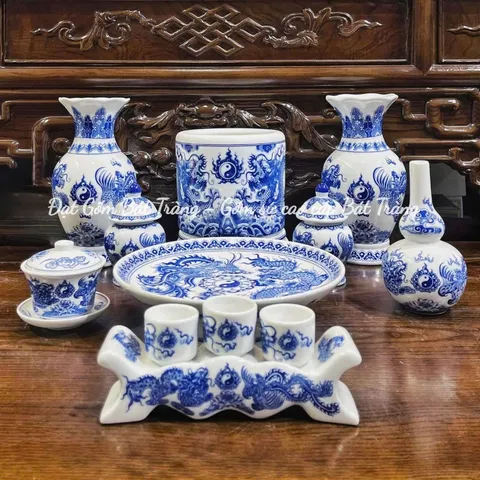 ĐỒ THỜ CÚNG - Bộ thờ cúng men trắng cao cấp gốm sứ Bát Tràng, bát hương,chóe, kỷ, lọ hoa thờ
