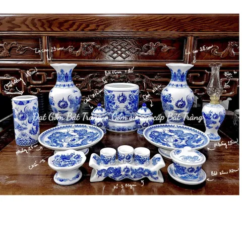 ĐỒ THỜ CÚNG - Bộ thờ cúng men trắng cao cấp gốm sứ Bát Tràng, bát hương,chóe, kỷ, lọ hoa thờ